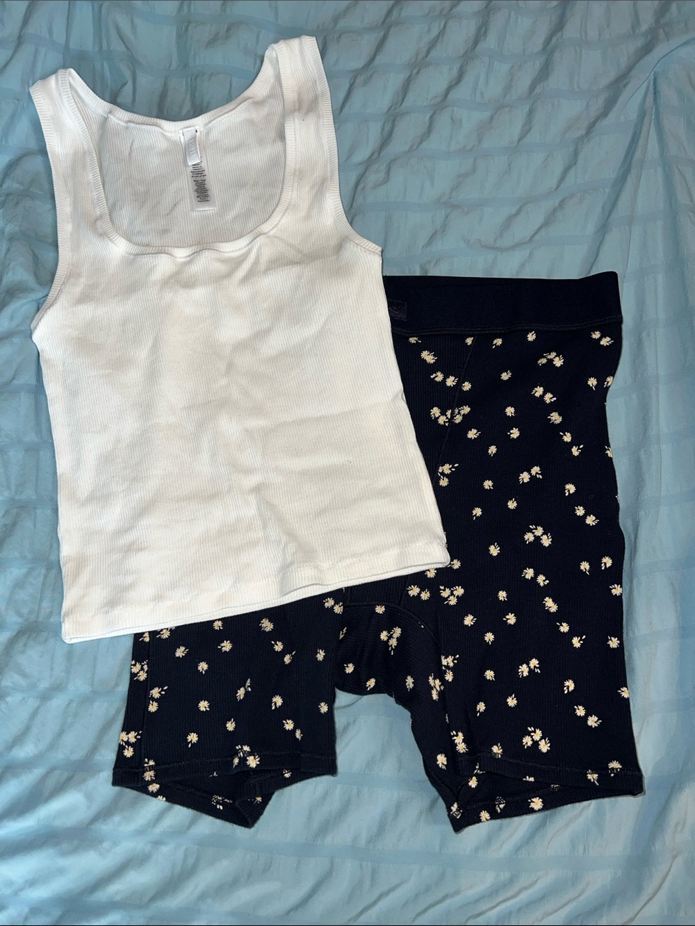 SKIMS White Rib Tank & Black Floral Ribbed Bike Shorts Set